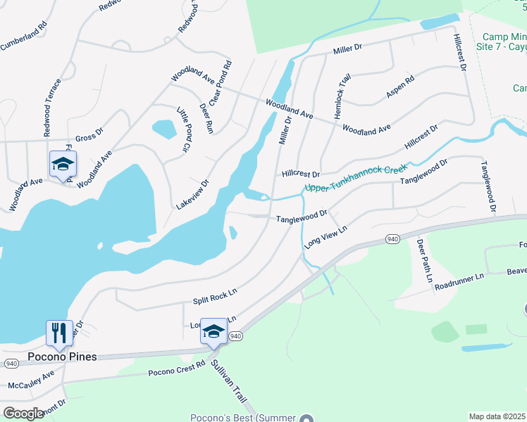 map of restaurants, bars, coffee shops, grocery stores, and more near Miller Drive in Pocono Pines