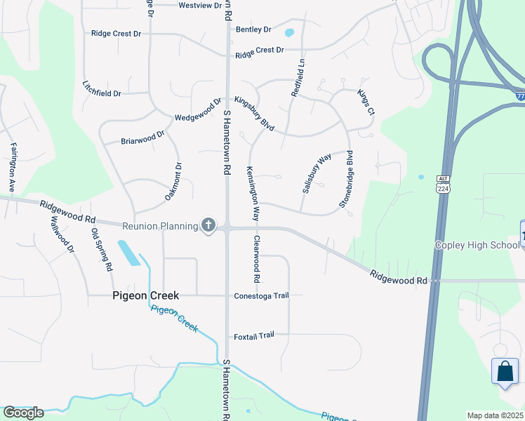 map of restaurants, bars, coffee shops, grocery stores, and more near 783 Kensington Way in Akron