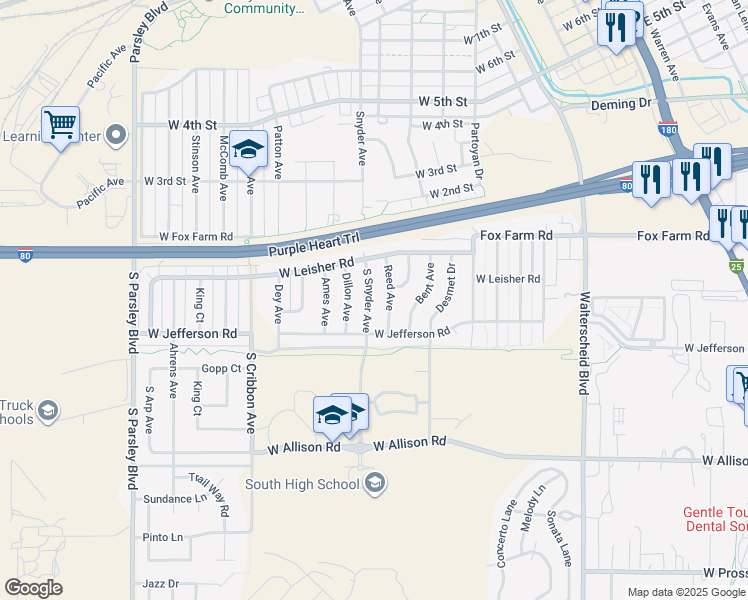 map of restaurants, bars, coffee shops, grocery stores, and more near 245 South Snyder Avenue in Cheyenne