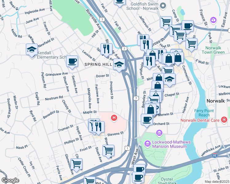 map of restaurants, bars, coffee shops, grocery stores, and more near 22 Bedford Avenue in Norwalk