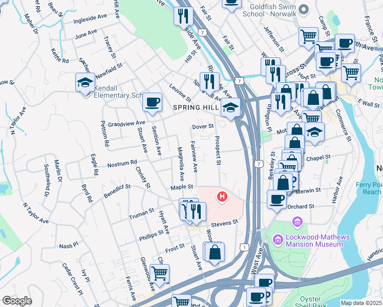 map of restaurants, bars, coffee shops, grocery stores, and more near 76 Magnolia Avenue in Norwalk