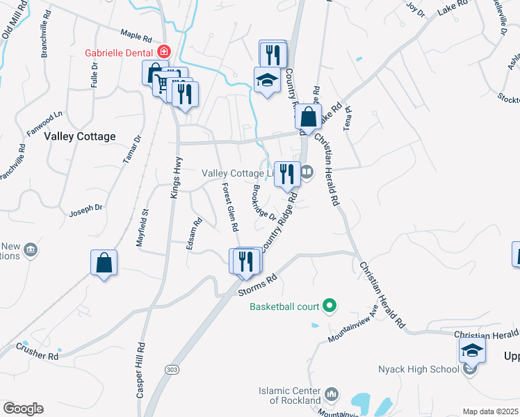 map of restaurants, bars, coffee shops, grocery stores, and more near 800a Brookridge Drive in Valley Cottage