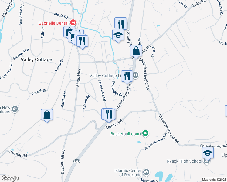 map of restaurants, bars, coffee shops, grocery stores, and more near 800a Brookridge Drive in Valley Cottage