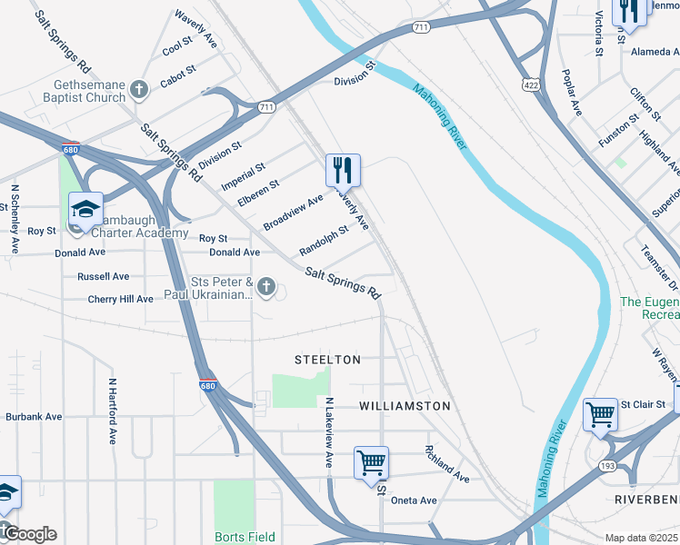 map of restaurants, bars, coffee shops, grocery stores, and more near 345 Bessemer Street in Youngstown