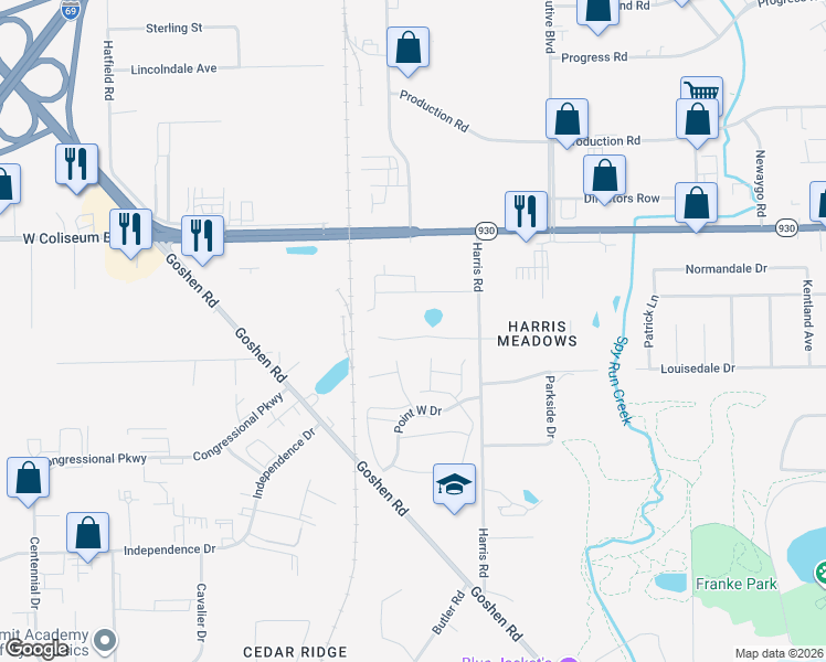 map of restaurants, bars, coffee shops, grocery stores, and more near 2234-2236 Versailles Village Place in Fort Wayne