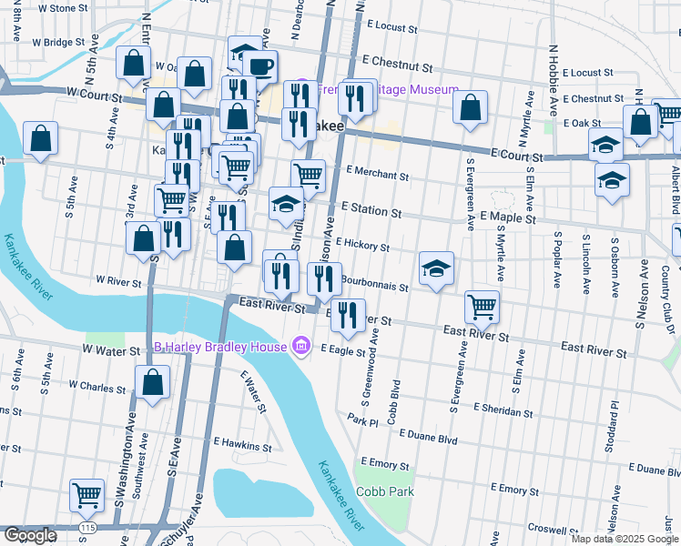 map of restaurants, bars, coffee shops, grocery stores, and more near 414 South Chicago Avenue in Kankakee