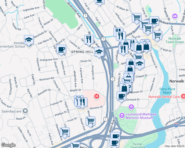 map of restaurants, bars, coffee shops, grocery stores, and more near 21 Prospect Street in Norwalk