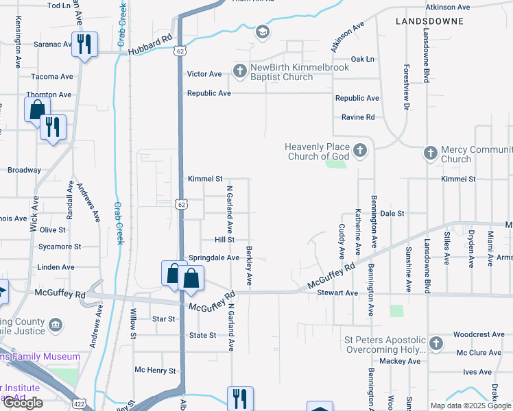 map of restaurants, bars, coffee shops, grocery stores, and more near 1111 Berkley Avenue in Youngstown