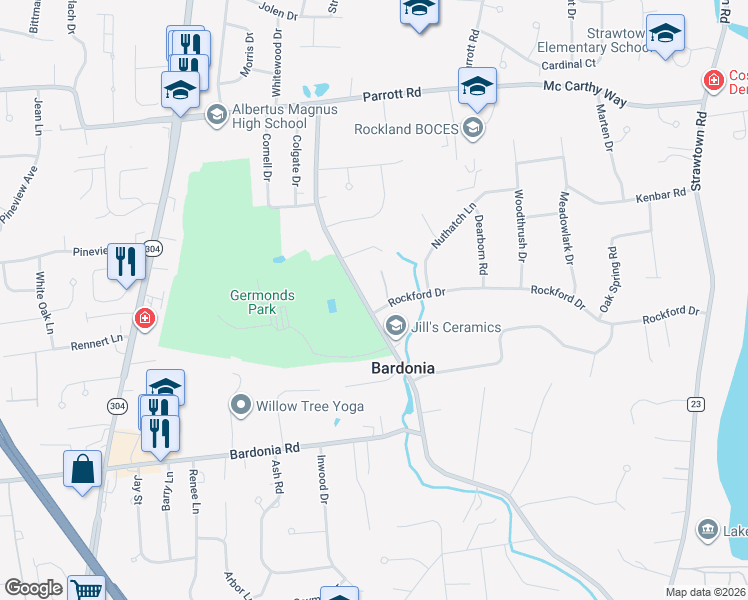 map of restaurants, bars, coffee shops, grocery stores, and more near 164 Germonds Road in West Nyack