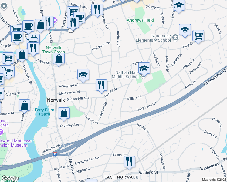map of restaurants, bars, coffee shops, grocery stores, and more near 32 Tierney Street in Norwalk