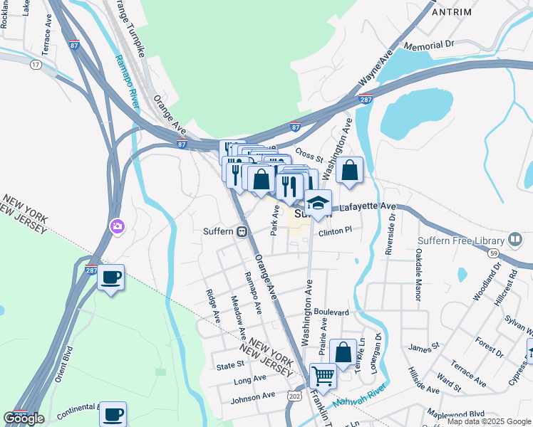 map of restaurants, bars, coffee shops, grocery stores, and more near 35 Park Avenue in Suffern