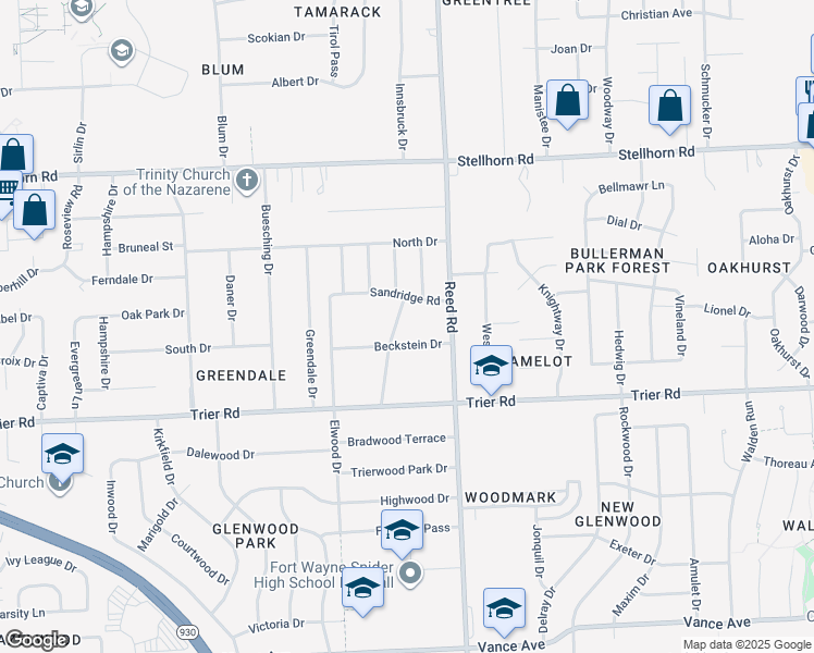 map of restaurants, bars, coffee shops, grocery stores, and more near 4009 David Lane in Fort Wayne