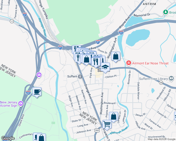 map of restaurants, bars, coffee shops, grocery stores, and more near 35 Park Avenue in Suffern