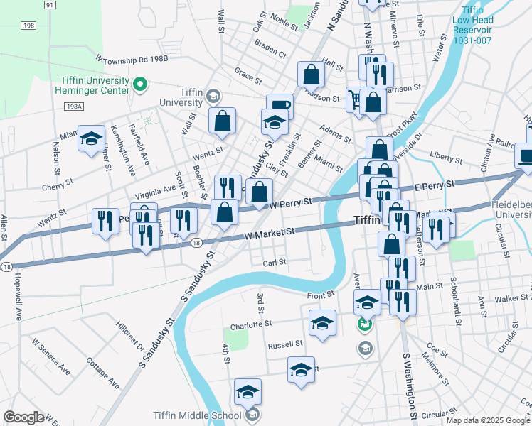 map of restaurants, bars, coffee shops, grocery stores, and more near 250 Benner Street in Tiffin