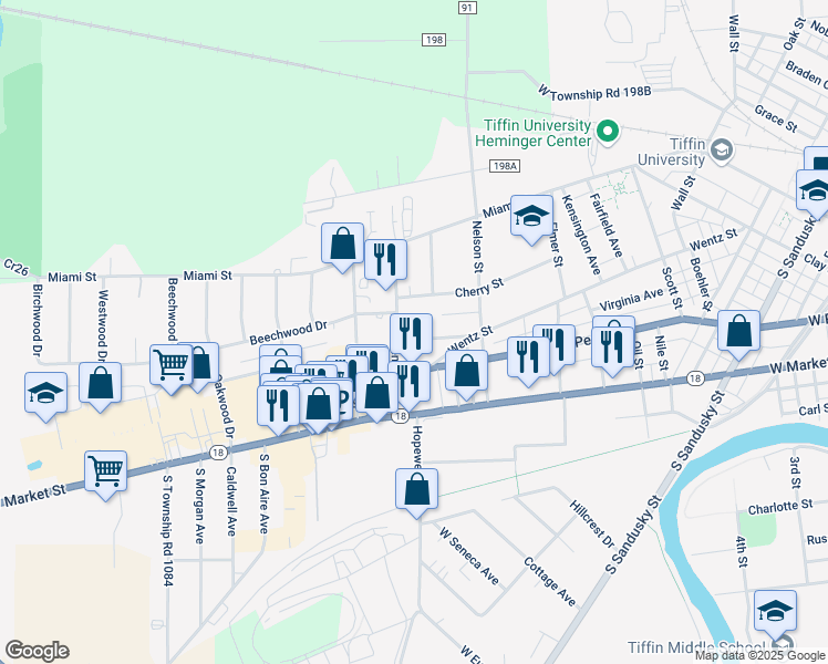 map of restaurants, bars, coffee shops, grocery stores, and more near 70 Fostoria Street in Tiffin