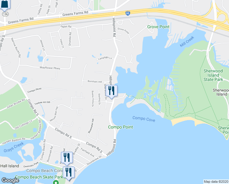 map of restaurants, bars, coffee shops, grocery stores, and more near 203 Hillspoint Road in Westport