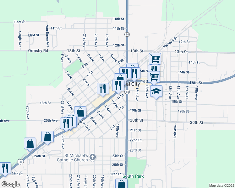 map of restaurants, bars, coffee shops, grocery stores, and more near 706 C Avenue in Central City