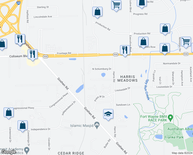 map of restaurants, bars, coffee shops, grocery stores, and more near 2234-2236 Versailles Village Place in Fort Wayne