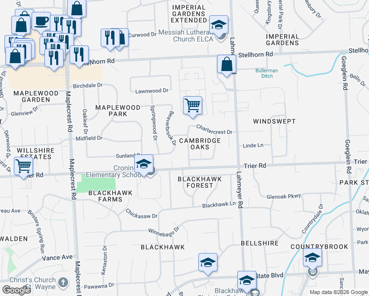 map of restaurants, bars, coffee shops, grocery stores, and more near 3915 Nottingham Drive in Fort Wayne