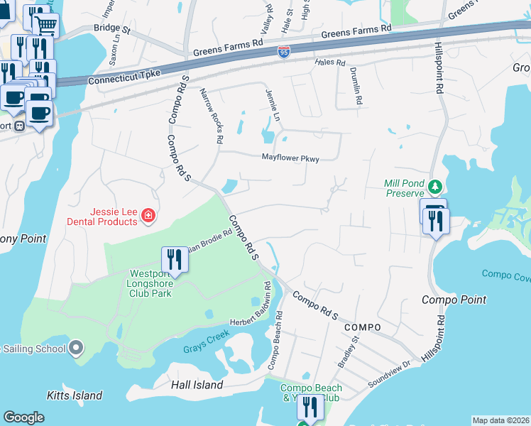 map of restaurants, bars, coffee shops, grocery stores, and more near 22 Compo Parkway in Westport