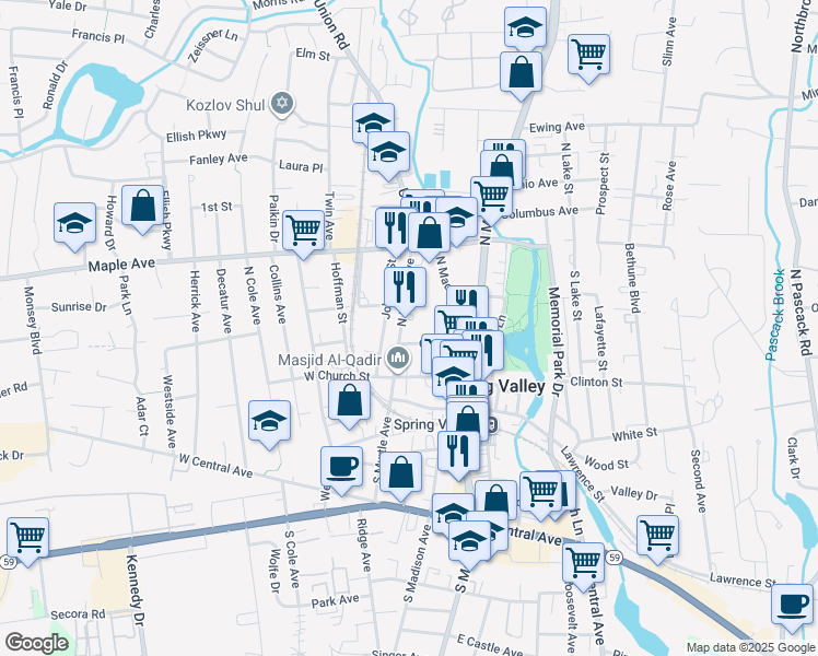 map of restaurants, bars, coffee shops, grocery stores, and more near 25 North Myrtle Avenue in Spring Valley