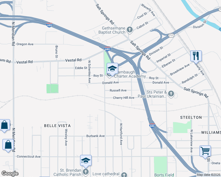 map of restaurants, bars, coffee shops, grocery stores, and more near 2432 Russell Avenue in Youngstown