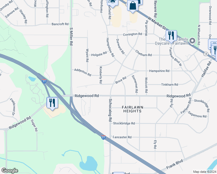 map of restaurants, bars, coffee shops, grocery stores, and more near 2490 Brice Road in Akron