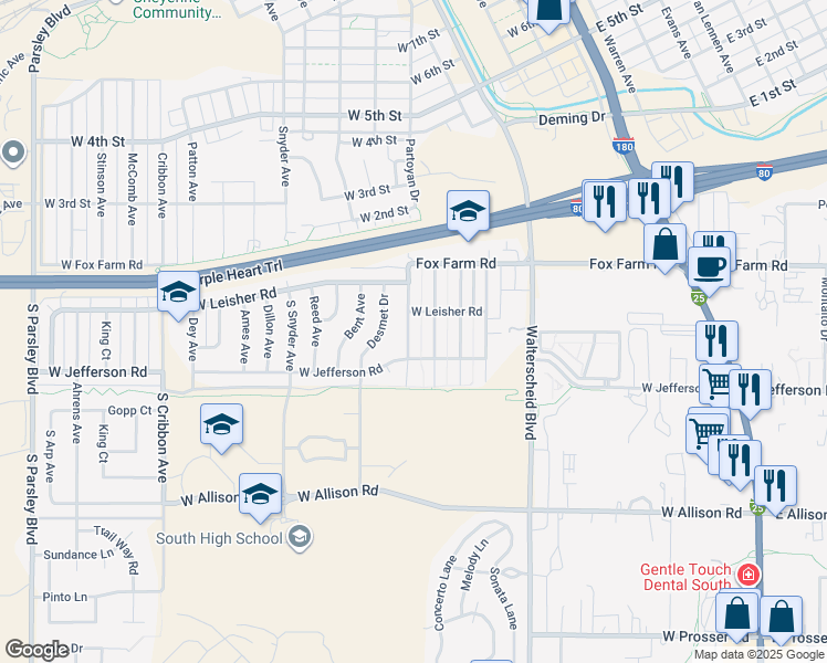map of restaurants, bars, coffee shops, grocery stores, and more near 213 Stanfield Avenue in Cheyenne