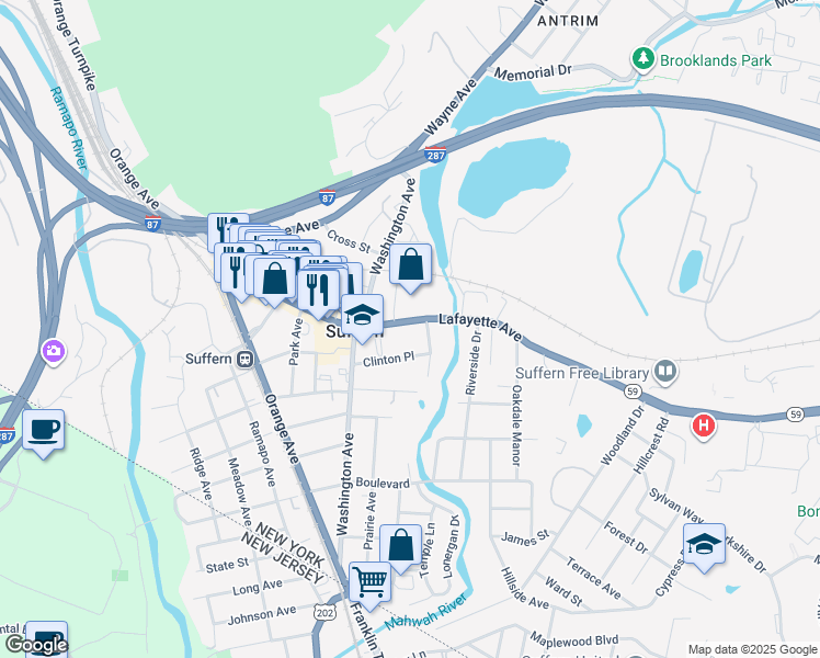 map of restaurants, bars, coffee shops, grocery stores, and more near 133 Lafayette Avenue in Suffern