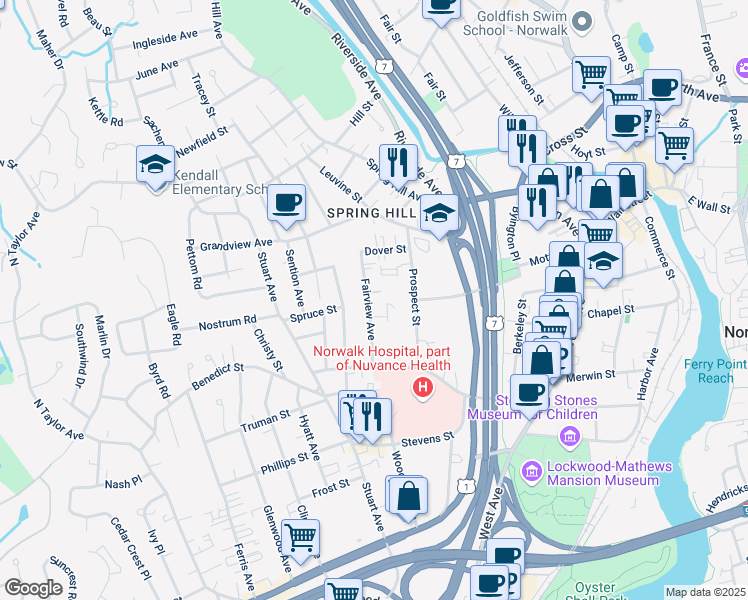map of restaurants, bars, coffee shops, grocery stores, and more near 18 Fairview Avenue in Norwalk
