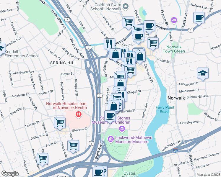 map of restaurants, bars, coffee shops, grocery stores, and more near 15 Berkeley Street in Norwalk