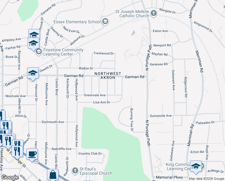map of restaurants, bars, coffee shops, grocery stores, and more near 478 Reynolds Avenue in Akron