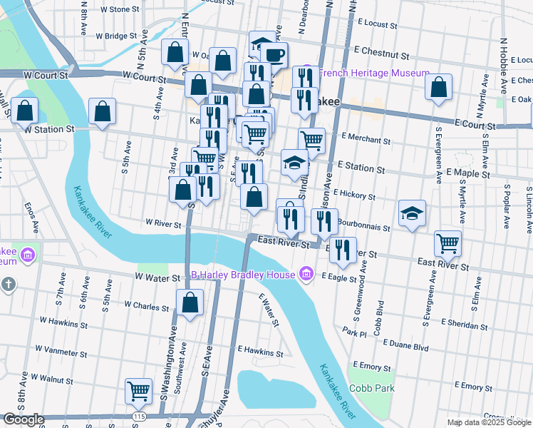 map of restaurants, bars, coffee shops, grocery stores, and more near 264 East Bourbonnais Street in Kankakee