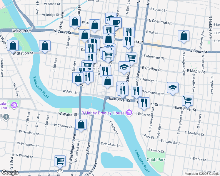map of restaurants, bars, coffee shops, grocery stores, and more near 264 East Bourbonnais Street in Kankakee