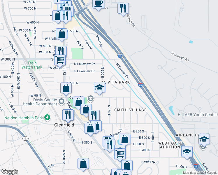 map of restaurants, bars, coffee shops, grocery stores, and more near 328 East 100 North in Clearfield