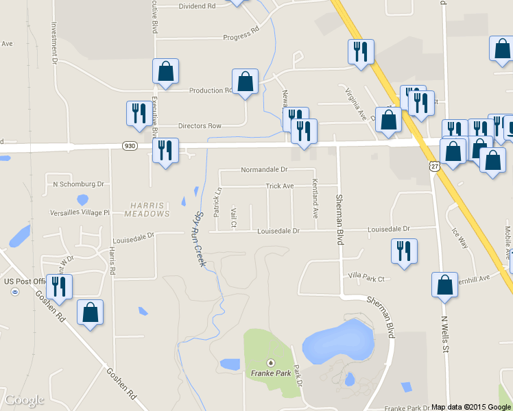 map of restaurants, bars, coffee shops, grocery stores, and more near 4112 Aspen Ct in Fort Wayne
