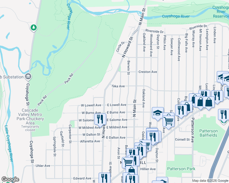 map of restaurants, bars, coffee shops, grocery stores, and more near 1079 Chalker Street in Akron
