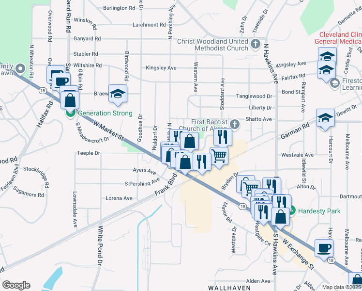 map of restaurants, bars, coffee shops, grocery stores, and more near 64 Greencrest Terrace in Akron