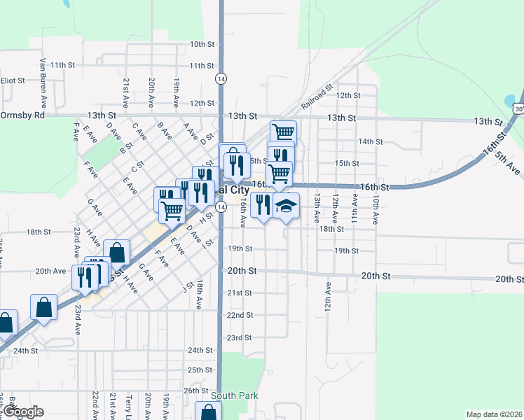 map of restaurants, bars, coffee shops, grocery stores, and more near 1598 17th Street in Central City