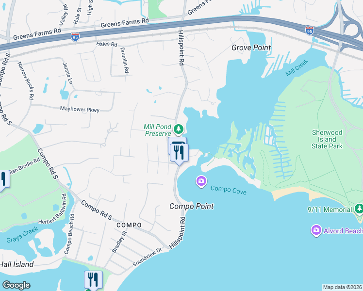 map of restaurants, bars, coffee shops, grocery stores, and more near 203 Hillspoint Road in Westport