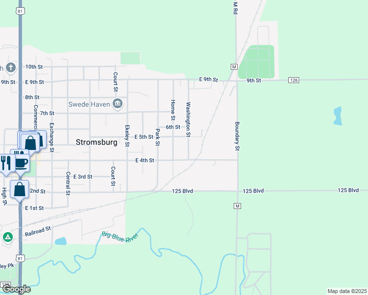 map of restaurants, bars, coffee shops, grocery stores, and more near 404 Washington Street in Stromsburg