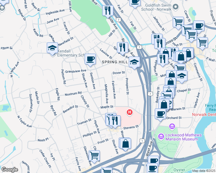 map of restaurants, bars, coffee shops, grocery stores, and more near 76 Magnolia Avenue in Norwalk