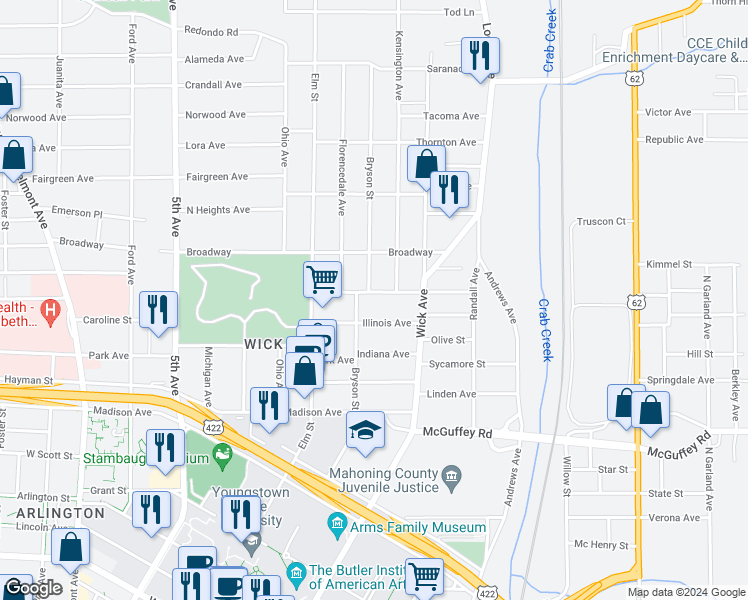 map of restaurants, bars, coffee shops, grocery stores, and more near 55 Woodbine Avenue in Youngstown