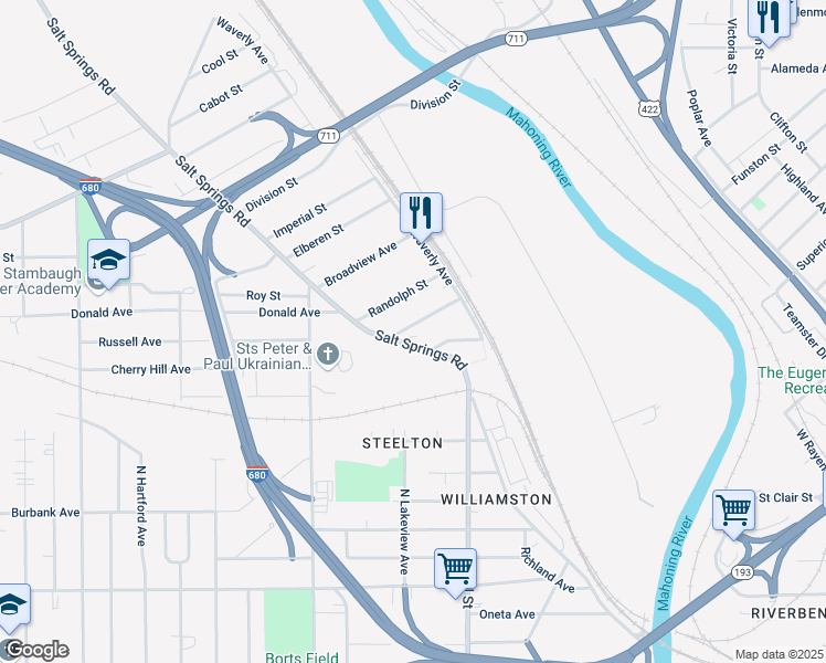 map of restaurants, bars, coffee shops, grocery stores, and more near 345 Bessemer Street in Youngstown