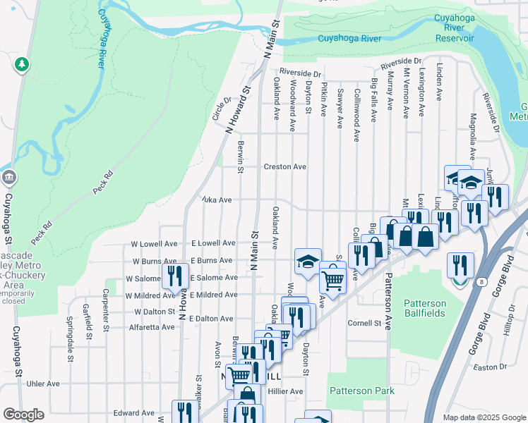 map of restaurants, bars, coffee shops, grocery stores, and more near 1083 North Main Street in Akron