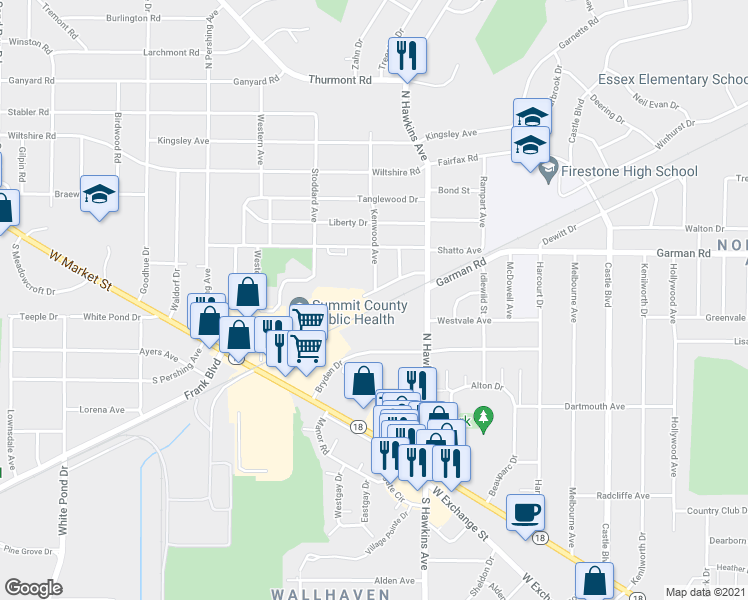 map of restaurants, bars, coffee shops, grocery stores, and more near 1630 Garman Rd in Akron