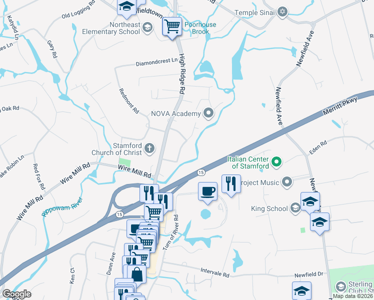 map of restaurants, bars, coffee shops, grocery stores, and more near 57 Willard Terrace in Stamford