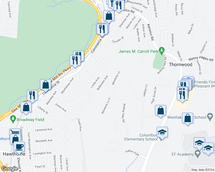 map of restaurants, bars, coffee shops, grocery stores, and more near 660 Belleview Avenue in Thornwood