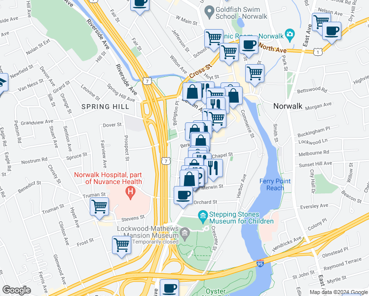 map of restaurants, bars, coffee shops, grocery stores, and more near 13 Berkeley Street in Norwalk