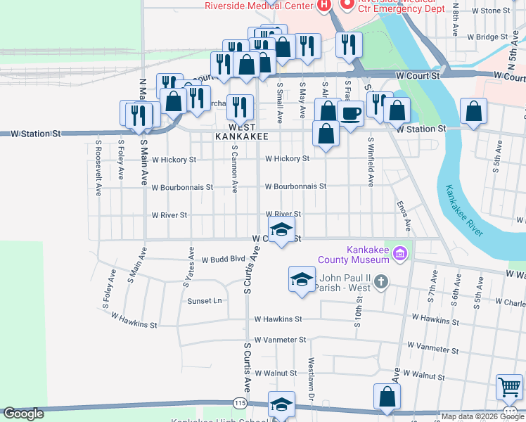 map of restaurants, bars, coffee shops, grocery stores, and more near 580 South Curtis Avenue in Kankakee